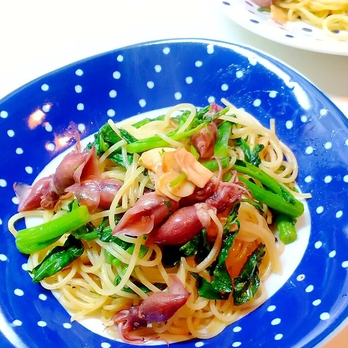 春の味、ほたるいかとかき菜でパスタ